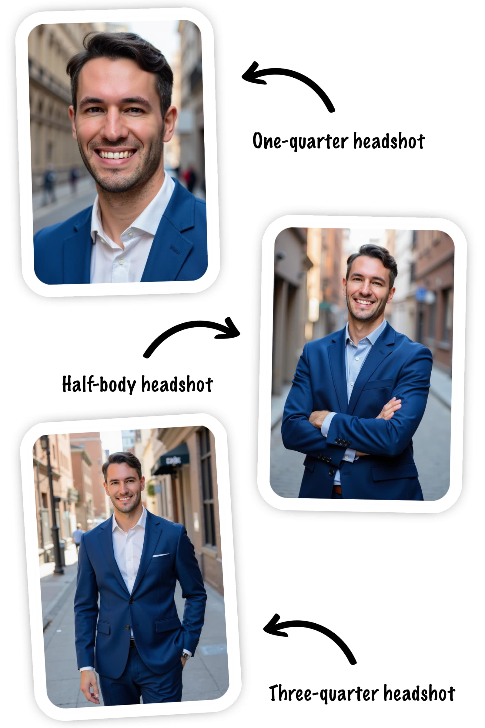 A picture of real estate agents with different headshot types (1/4, 1/2, and 3/4)