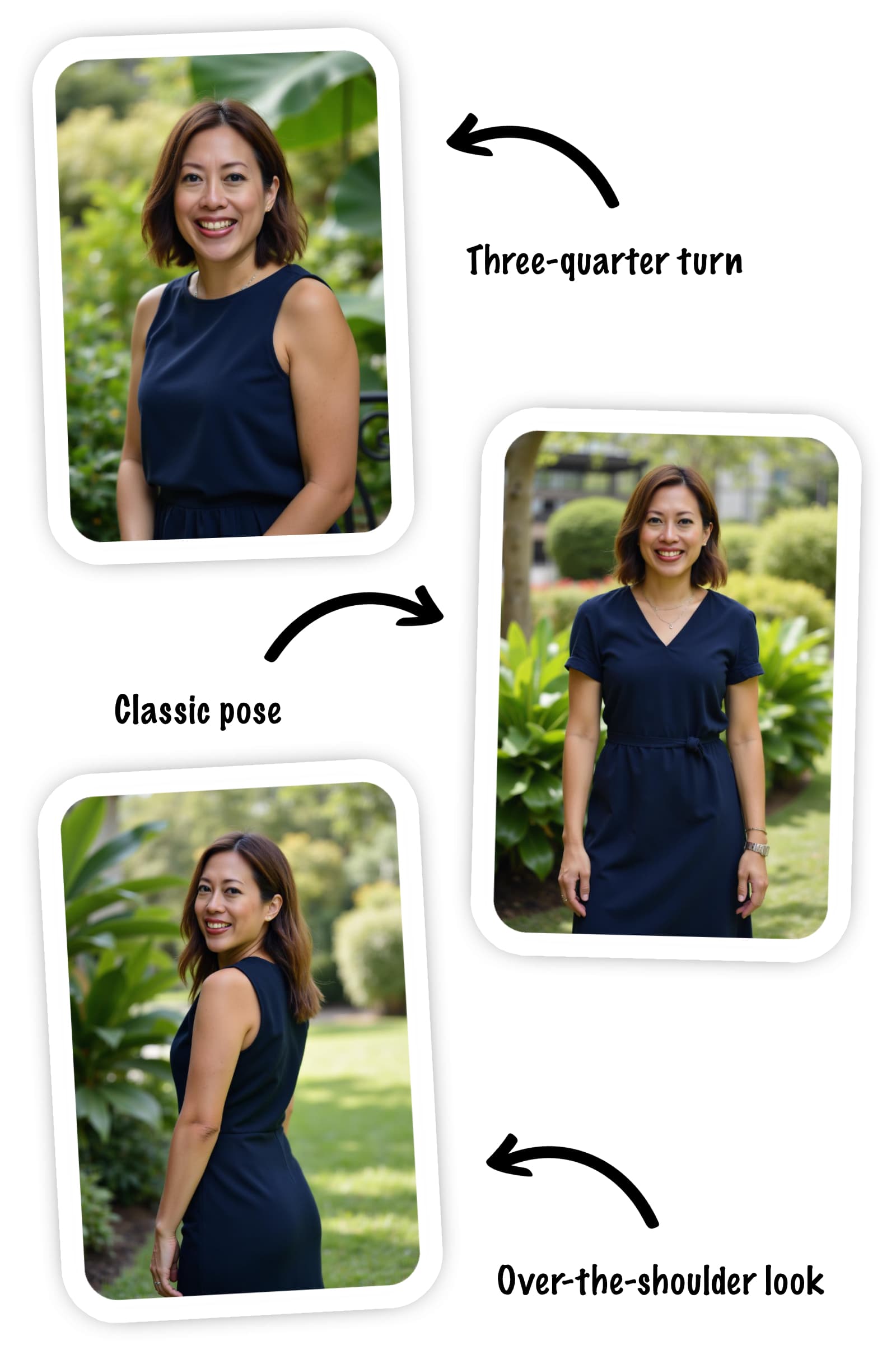 3 photos demonstrating the classic pose, three-quarter turn, and over-the-shoulder look
