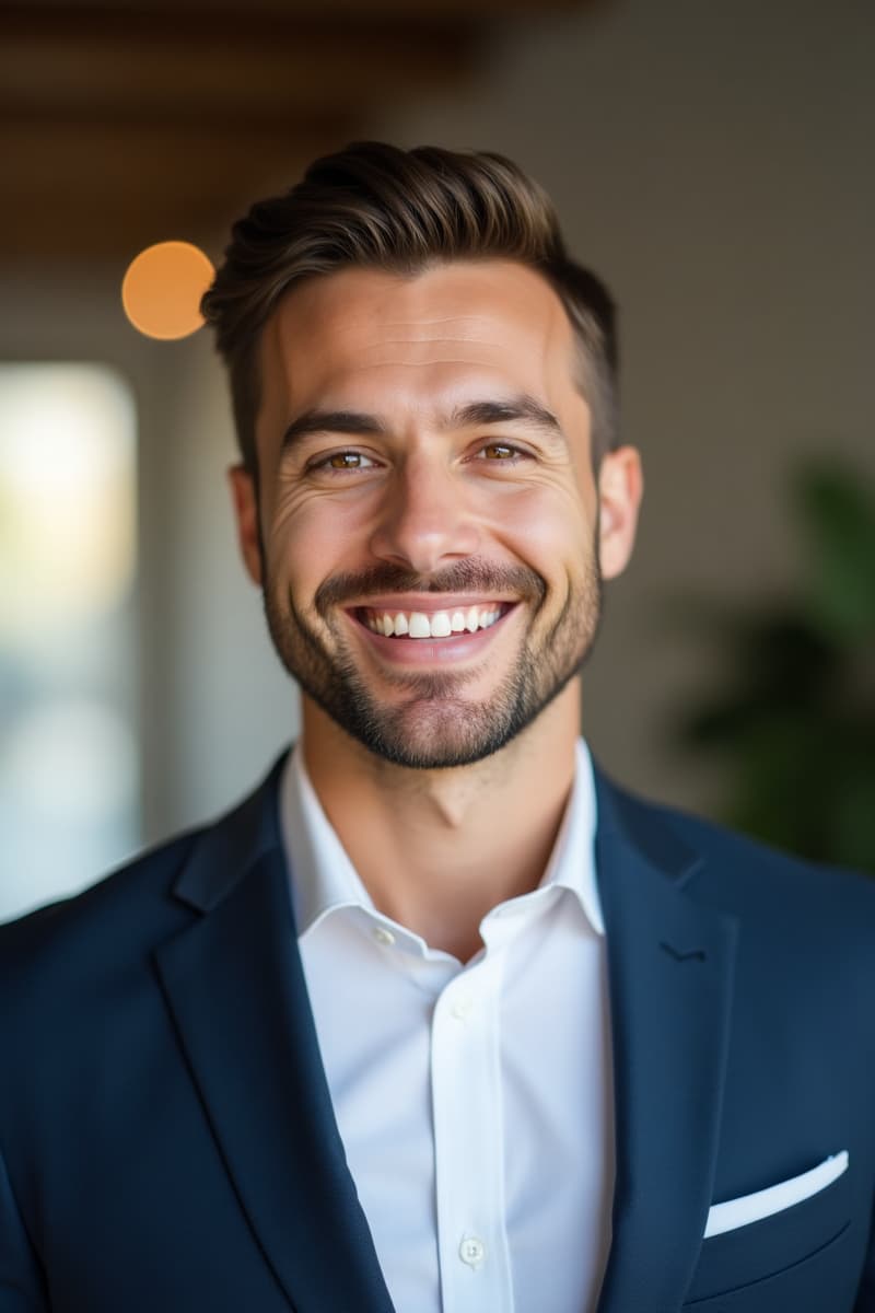 Male realtor headshot wearing a gray suit, standing near a window
