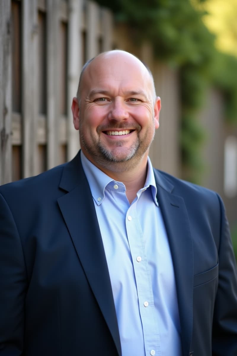Male realtor headshot, wearing a light blue suit, standing in front of a white backdrop