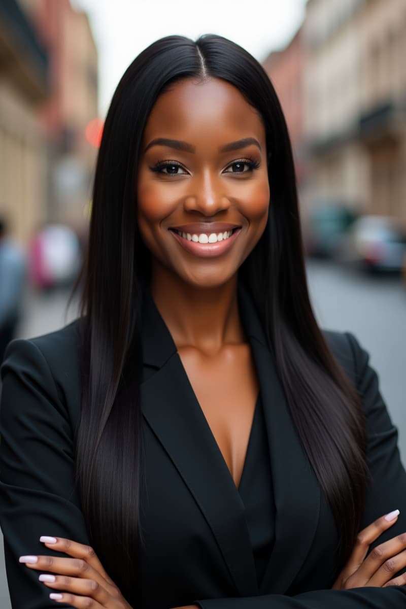 Female realtor headshot, wearing a black suit, standing in front of a backdrop