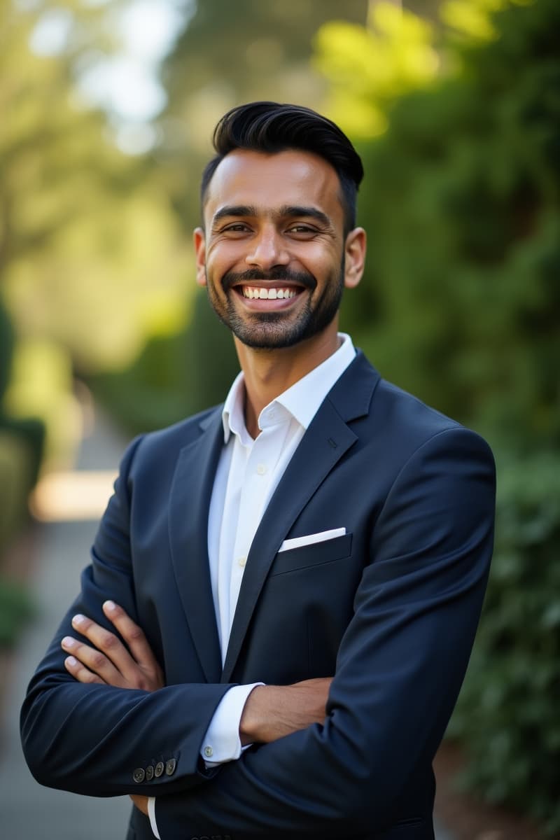 Male realtor, wearing a blue suit with white dress shirt, standing in a garden