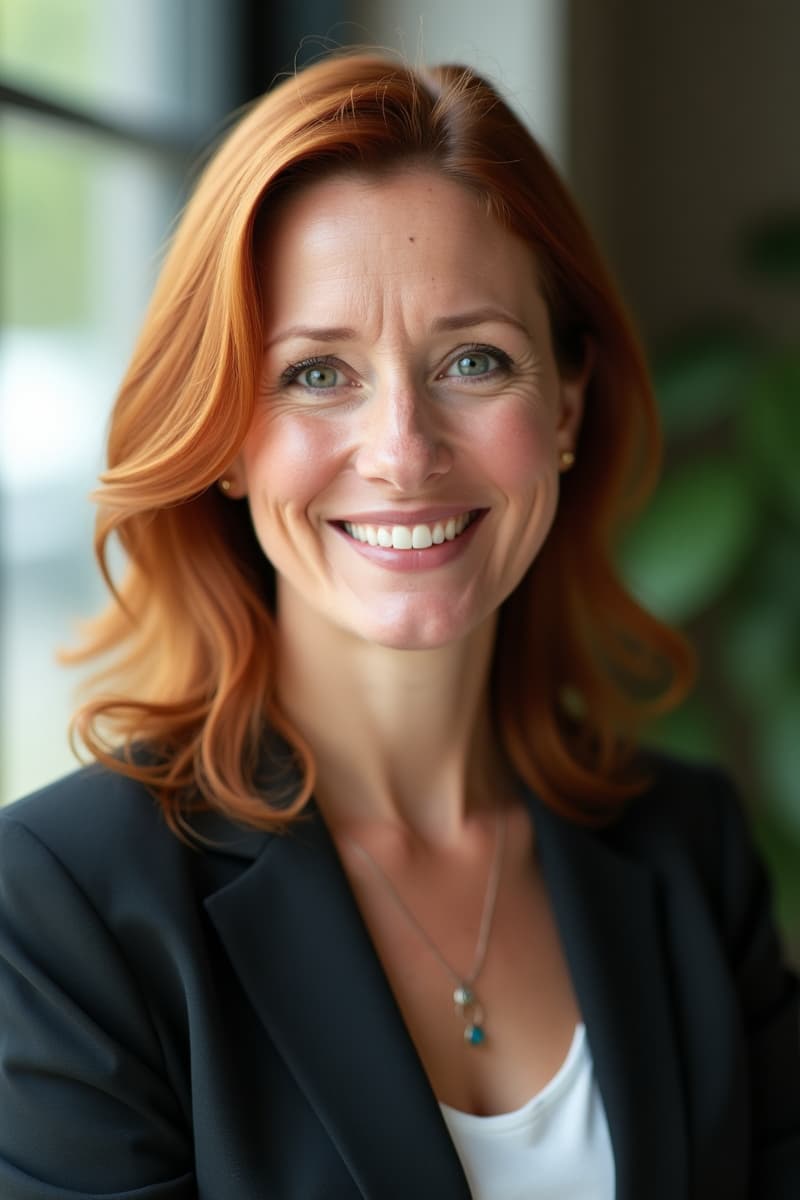 Female realtor headshot wearing a white dress standing in front of a neutral gray backdrop