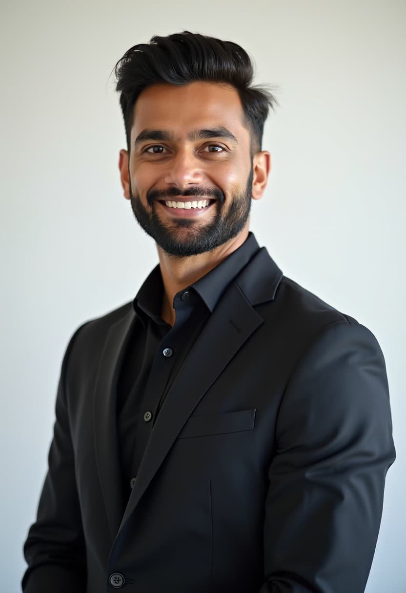 Male realtor, wearing a black suit with a black dress shirt, standing in front of a white backdrop