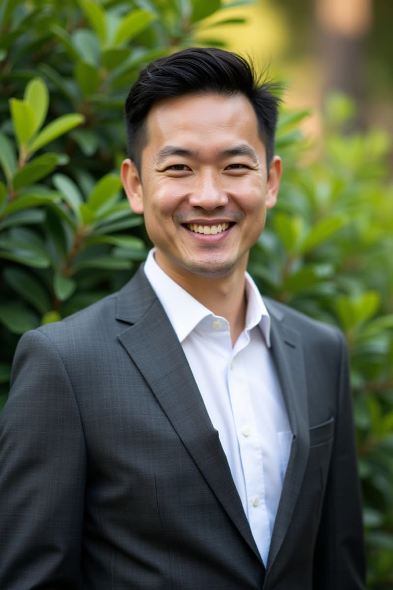 Male realtor, wearing a dark gray suite, standing in a garden