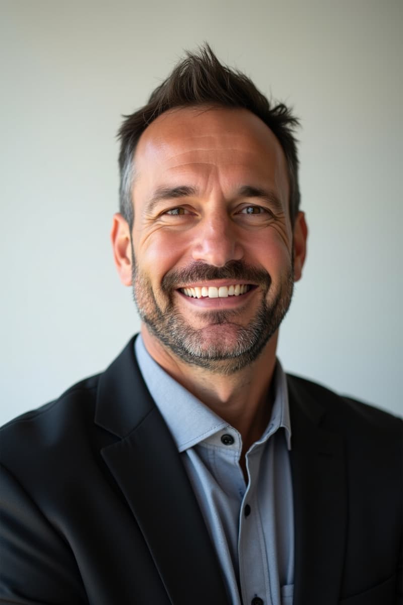 Male realtor headshot, wearing a black tie, standing aside a window