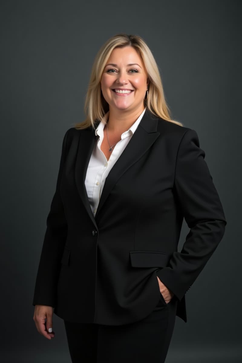 Female realtor, wearing a black turtleneck, standing in front of a window