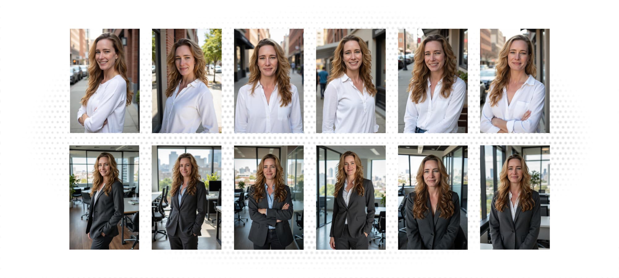 a grid of AI generated headshots with random clothing, backgrounds, and poses